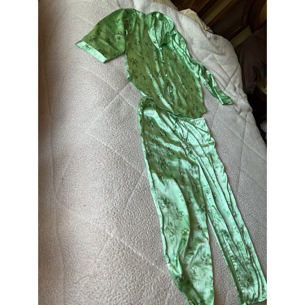 Unbranded Satin Pajama  Womens XL Green‎ Floral Excellent long Sleeve Loungewear